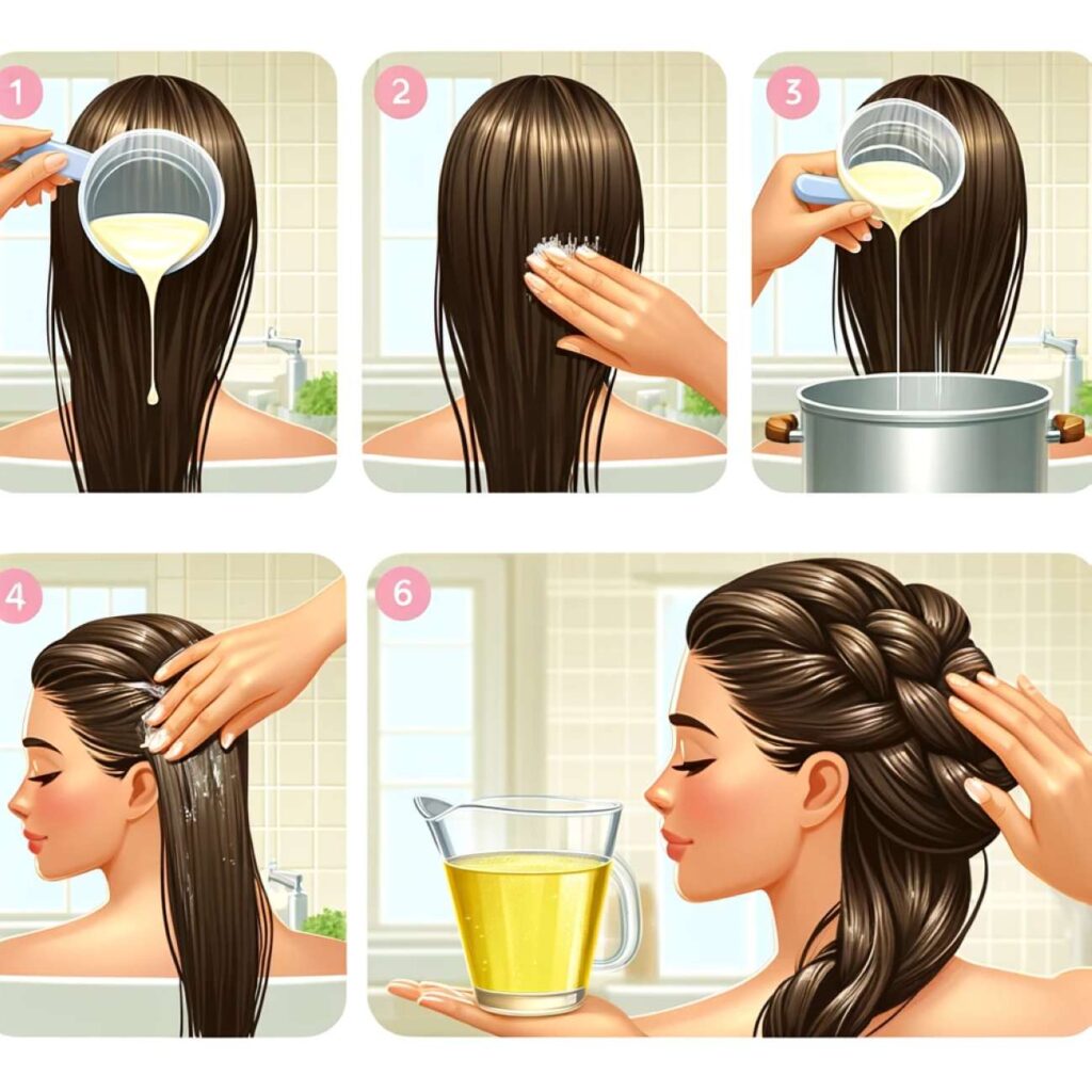 etape application d'huile de coco sur les cheveux